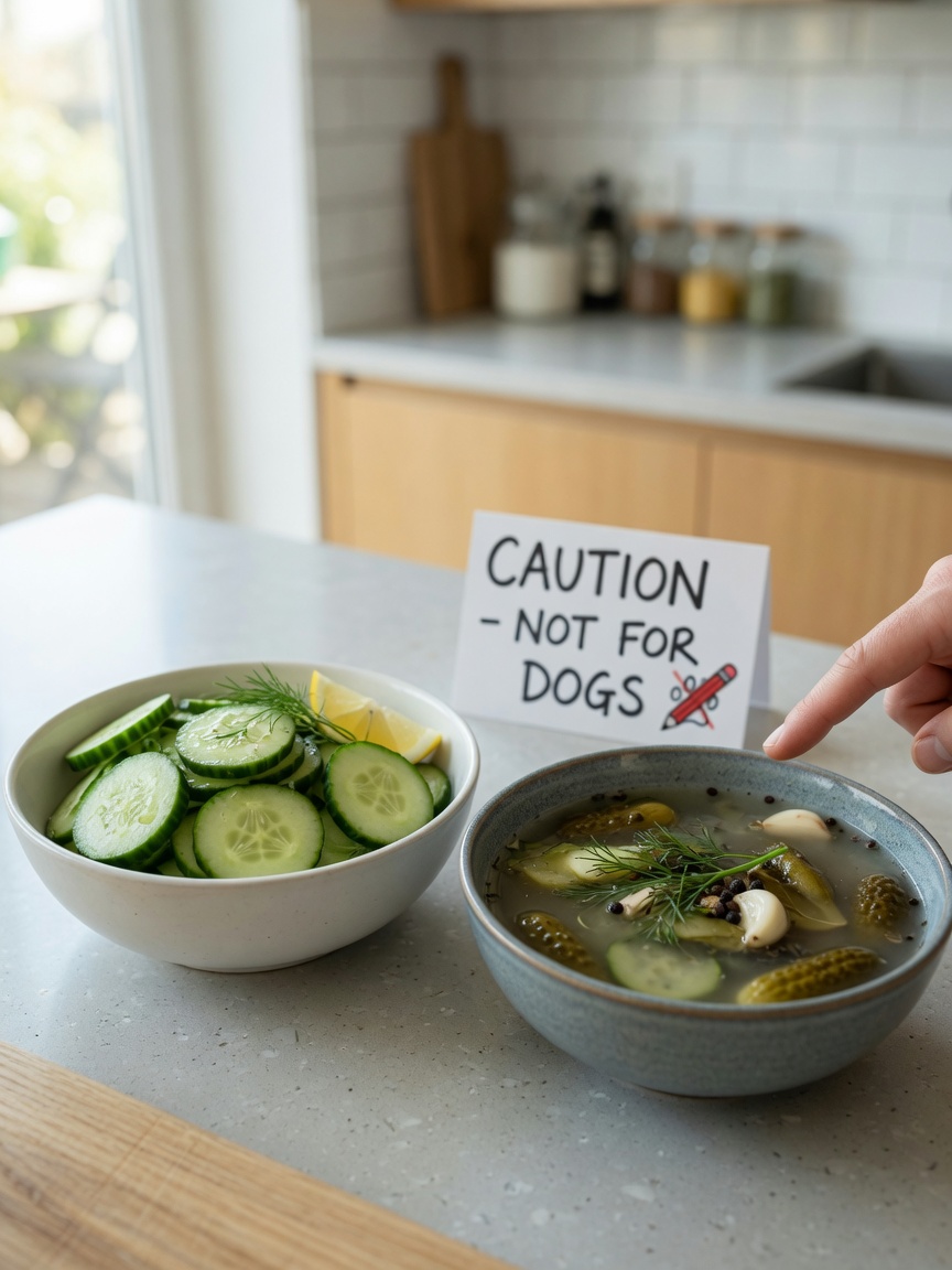 Side-by-side comparison of fresh cucumber slices and pickled cucumber in brine showing the safe versus unsafe options for dogs
