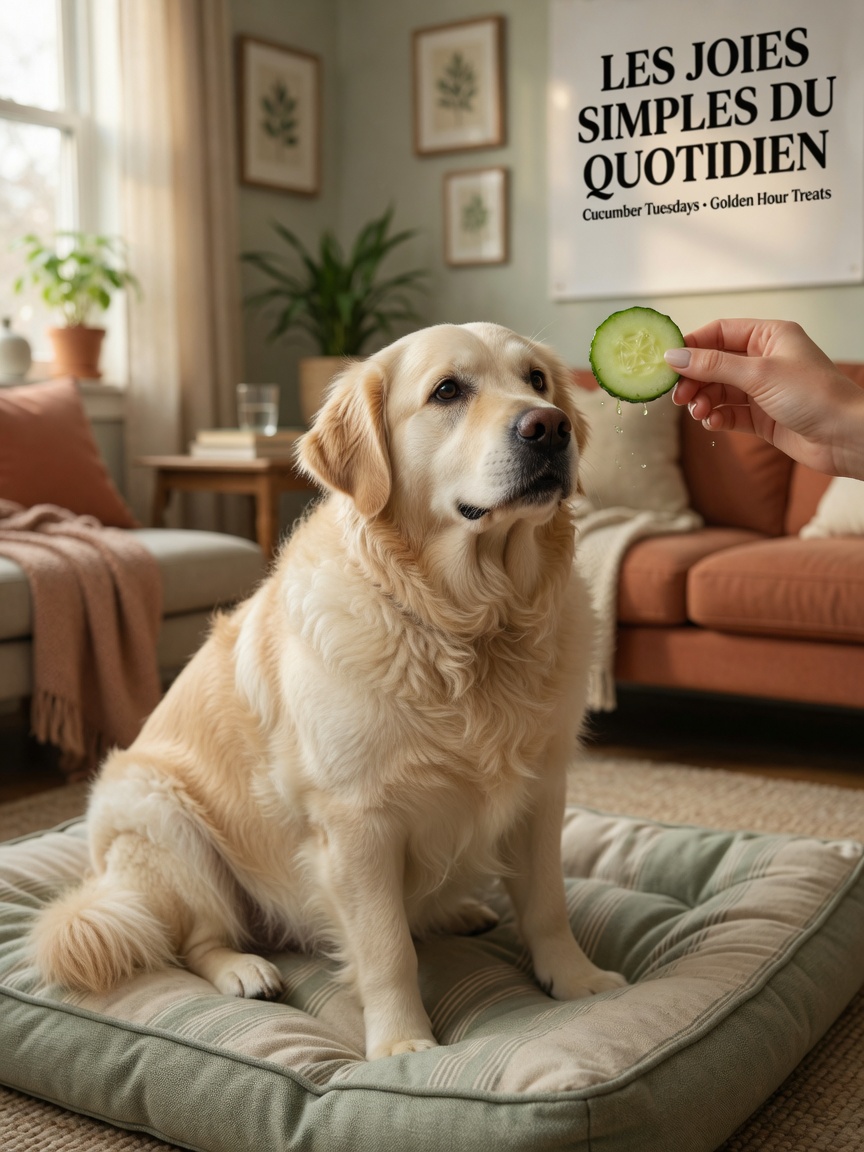 An overweight dog being offered a healthy cucumber slice as a low-calorie treat