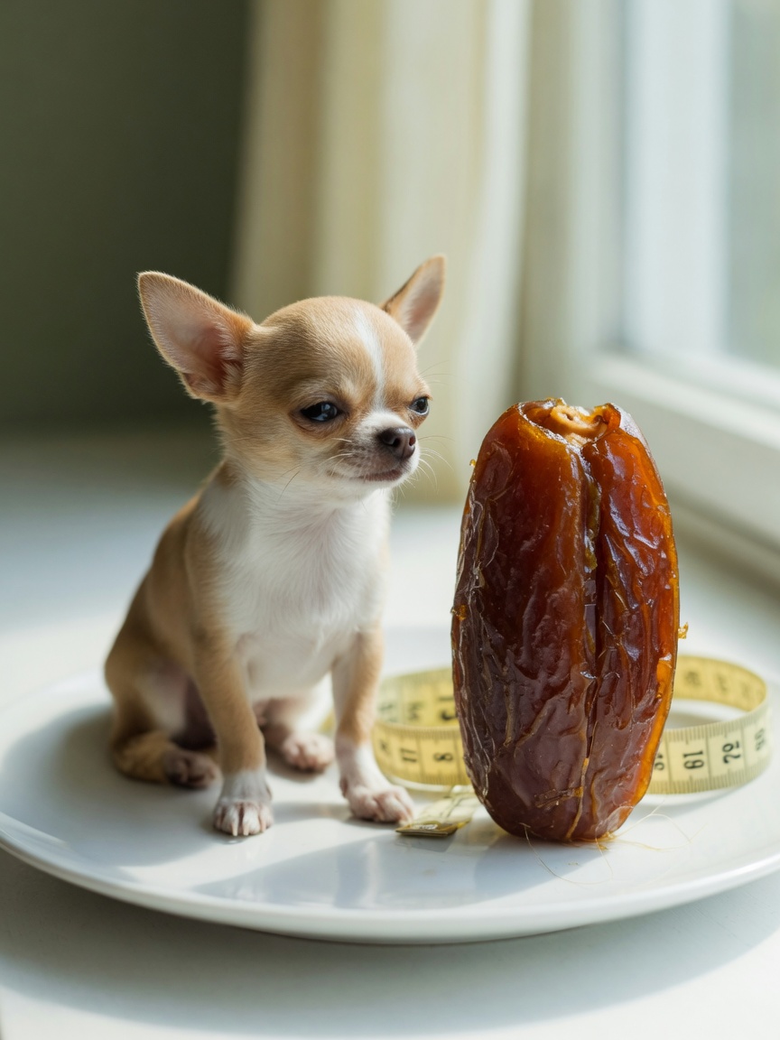 Kleine toy-ras hond naast een enkele datum, waarbij de snack enorm groot lijkt in verhouding tot de kleine hondenmaat