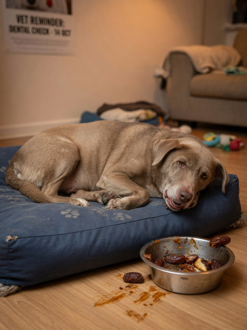 Overgewicht hond die letargisch en ongemakkelijk oogt na het eten van daten, met voedbak in de buurt