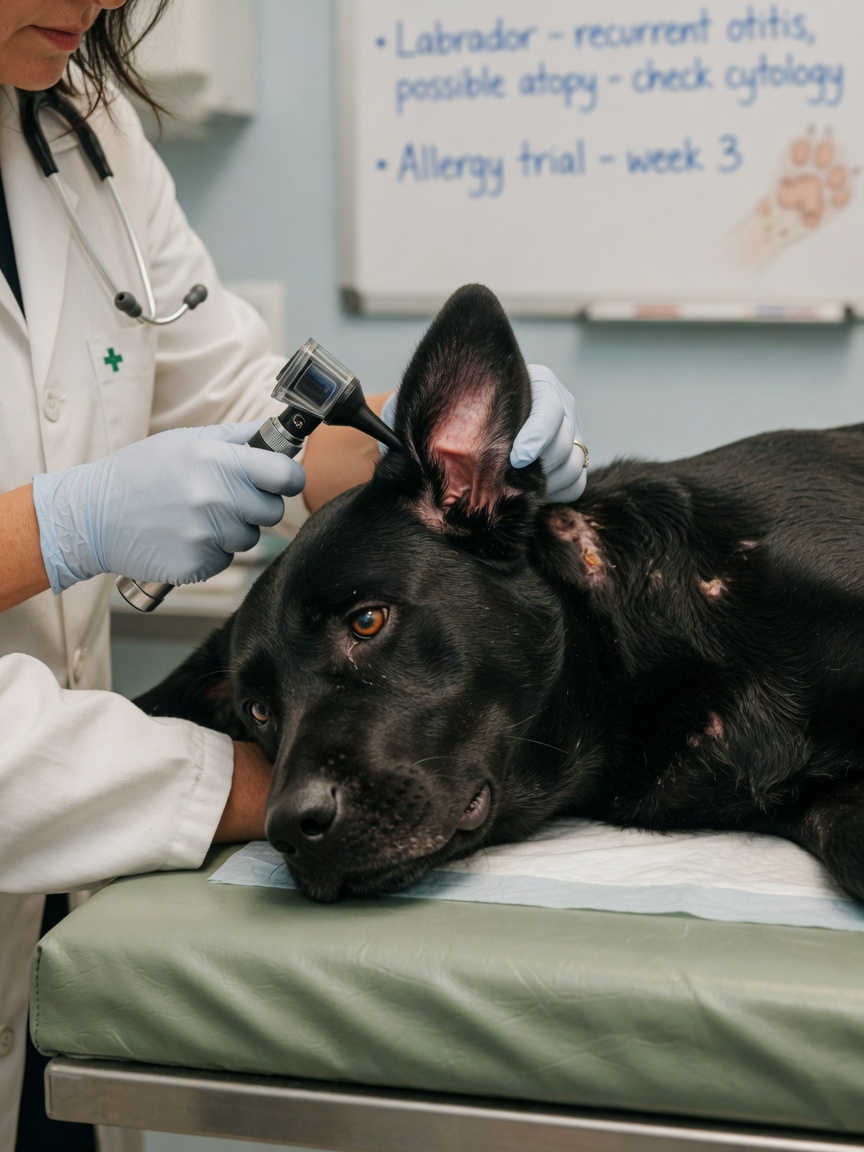 Veterinarian examining a black Labrador's inflamed ear to check for allergic reaction symptoms