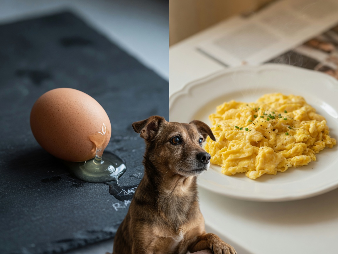 Split comparison of raw versus cooked eggs with a brown terrier observing both preparations