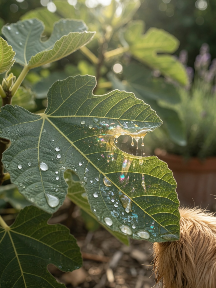 Close-up of toxic fig leaves with milky sap glistening in sunlight, showing plant danger
