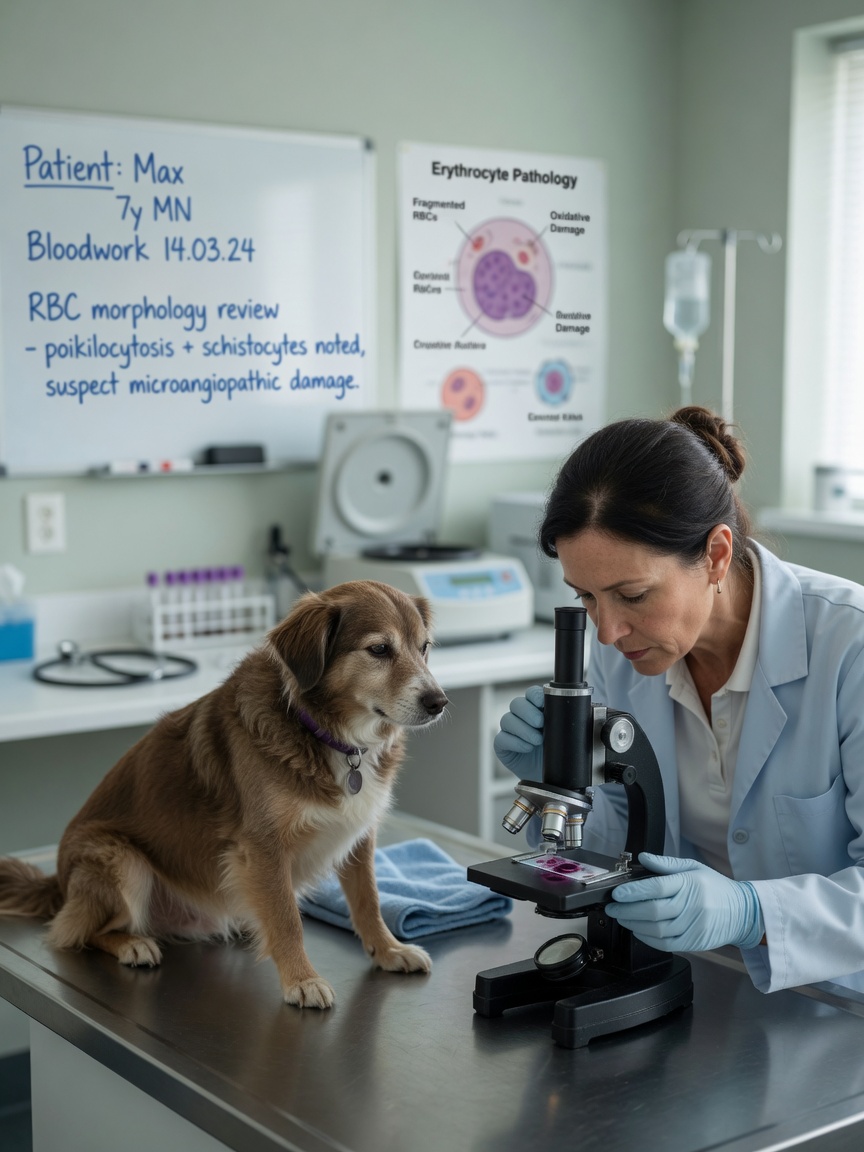 Veterinario che esamina campioni di sangue al microscopio con un cane sul tavolo dell'esame nelle vicinanze