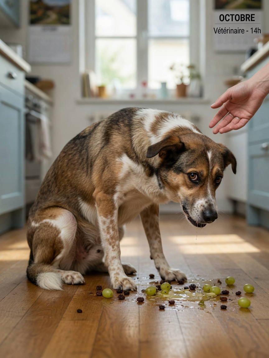 Dog showing acute gastrointestinal distress with vomiting, hunched posture, and scattered grapes on kitchen floor, illustrating early symptoms of grape toxicity.