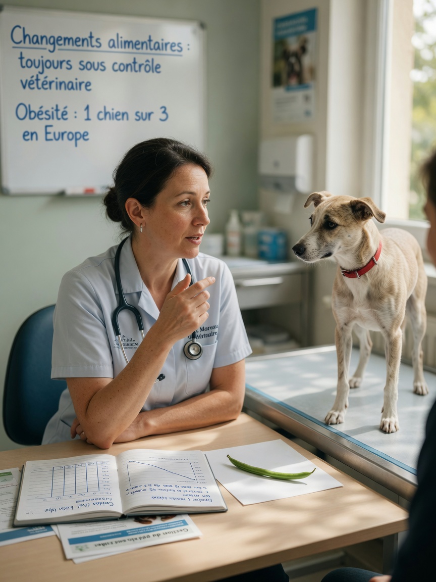 Un veterinario consultando con un propietario de un perro sobre opciones de gestión de peso y dieta de judías verdes
