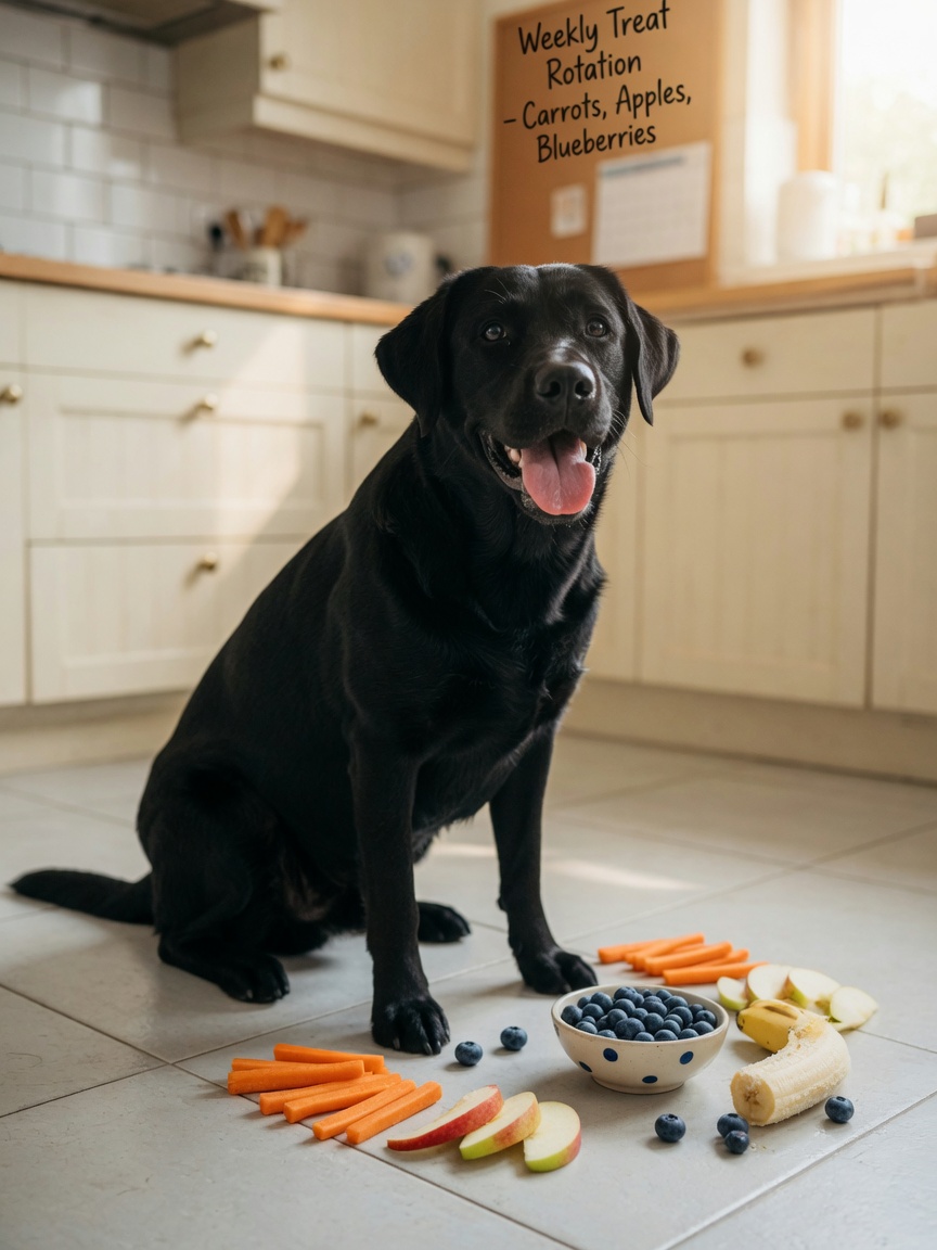 Labrador Retriever surrounded by healthy dog-safe treats including carrots, apples, and blueberries