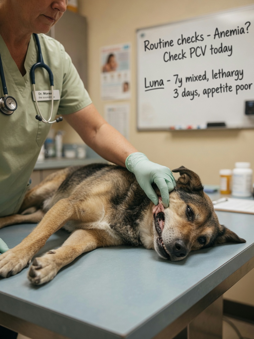 Veterinarian examining a dog's gums during a physical exam to check for signs of anemia from toxicity