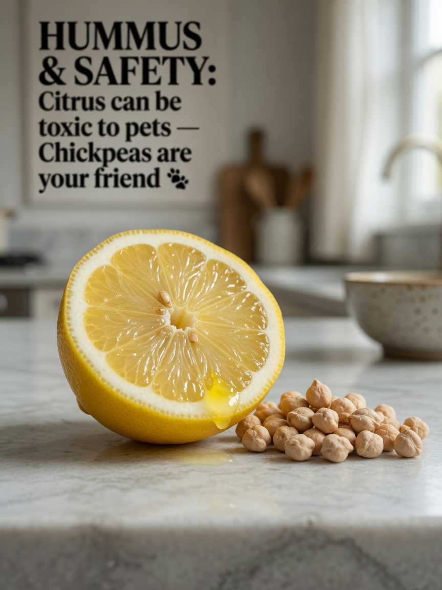 Fresh lemon halves and raw chickpeas arranged to show the toxic and safe hummus ingredients