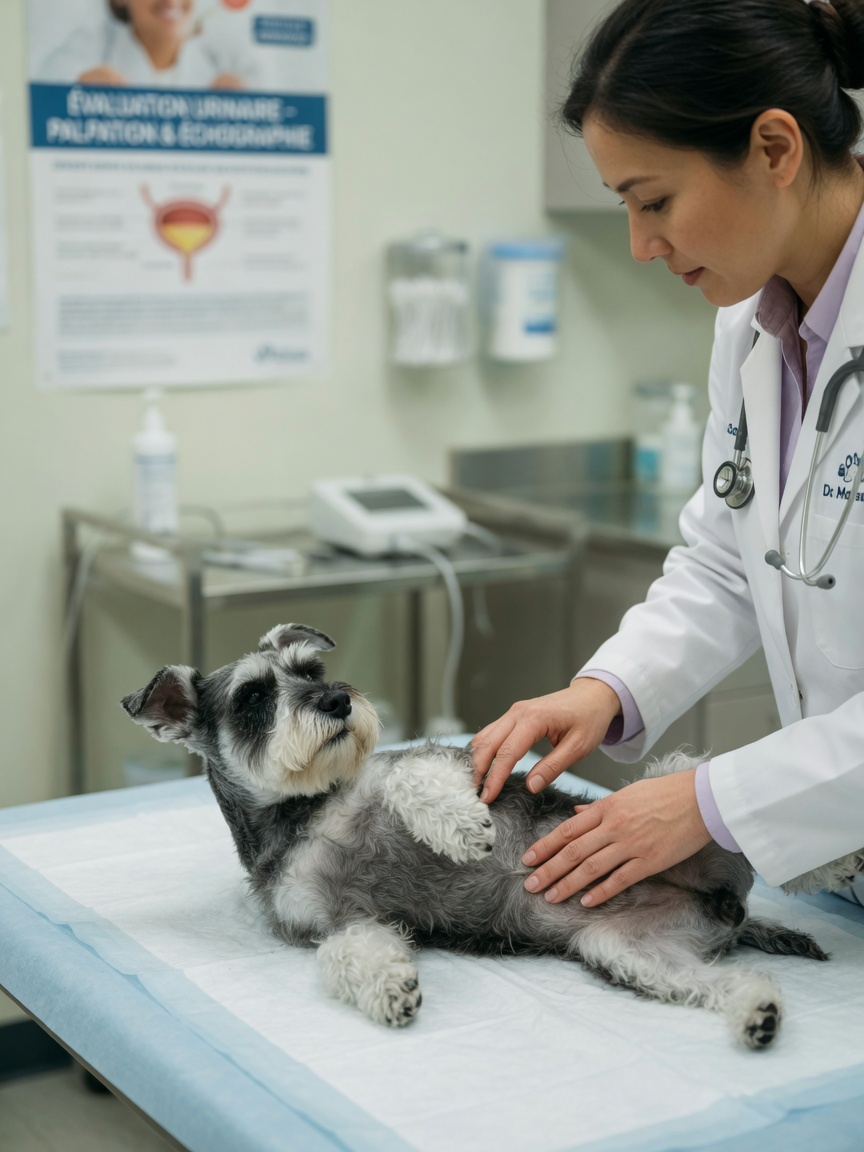 Veterinario che esamina uno Schnauzer in Miniatura su un tavolo veterinario per controllare problemi del tratto urinario