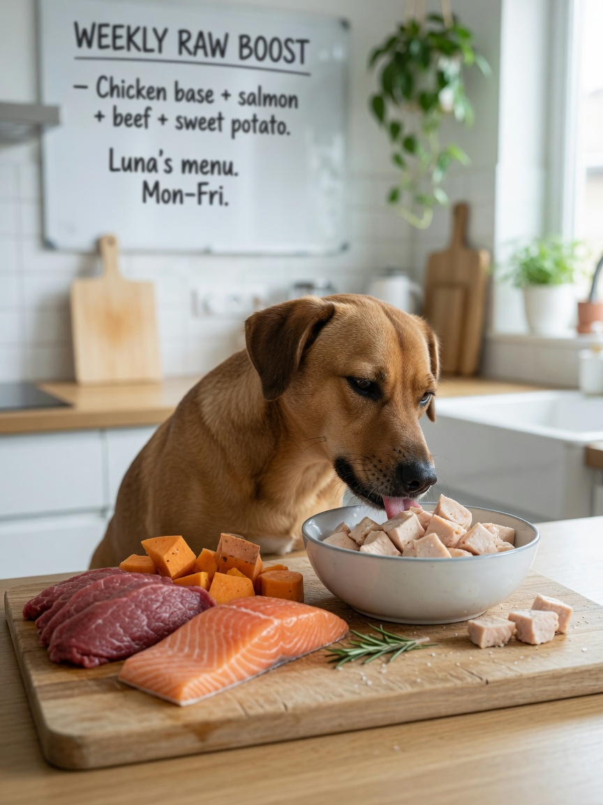 Dog eating plain cooked chicken from bowl with lean protein alternatives arranged nearby