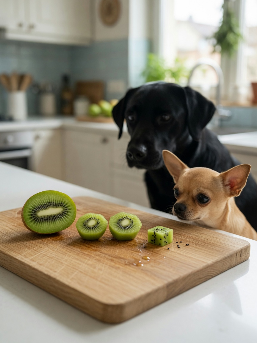 Cutting board with three kiwi portions in different sizes next to a small dog and larger dog in background