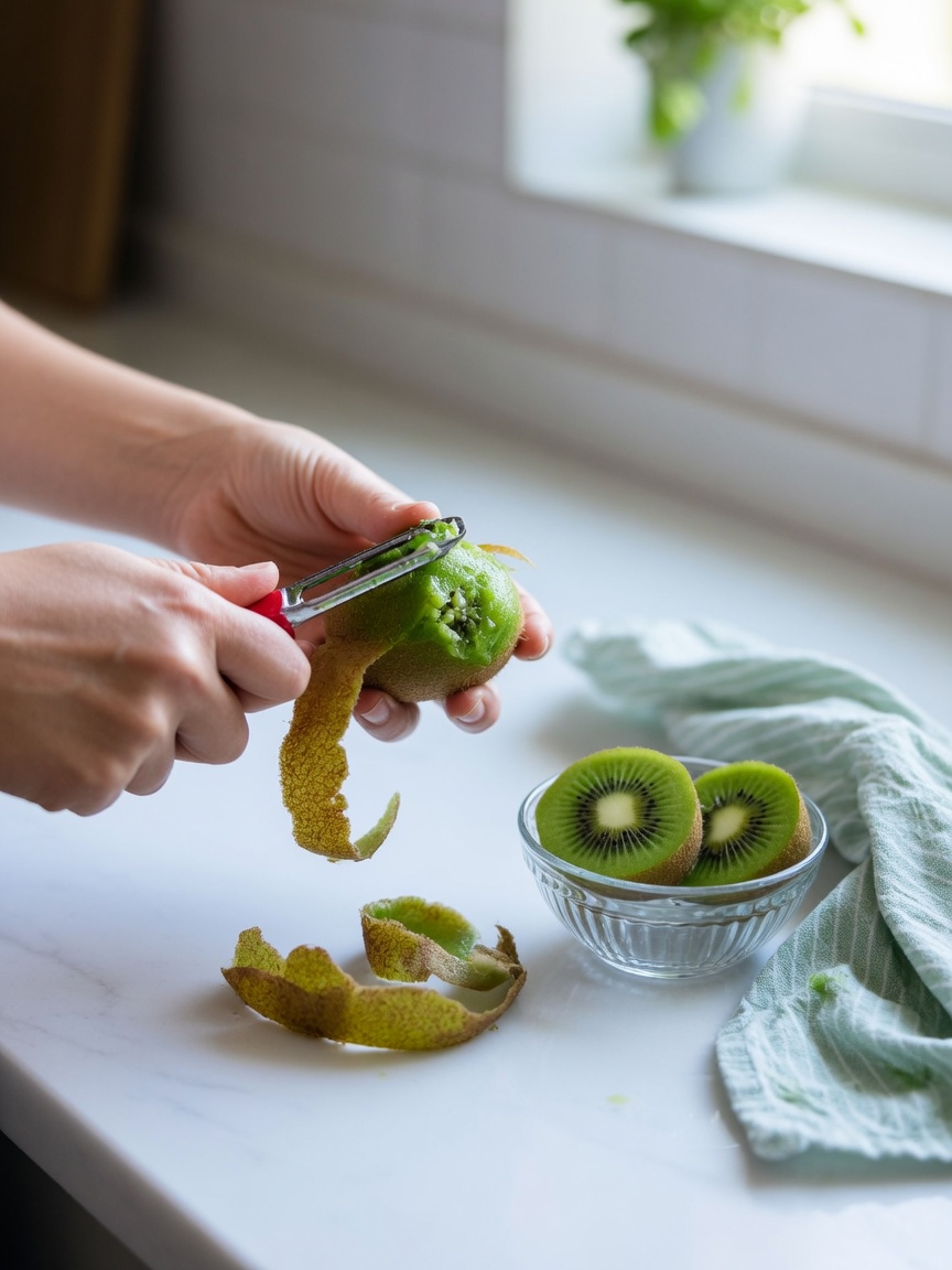 Three appropriately-sized kiwi portions arranged by dog size on a cutting board