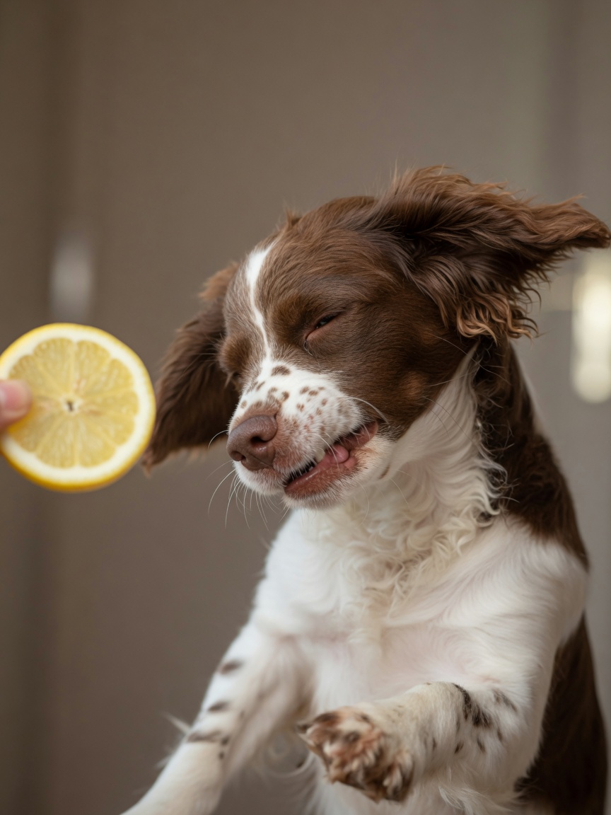 Dog recoiling from lemon in natural aversion response