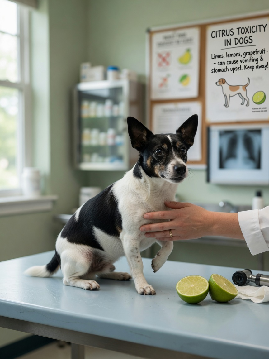 Jack Russell Terrier con expresión incómoda junto a fruta de lima durante examen veterinario
