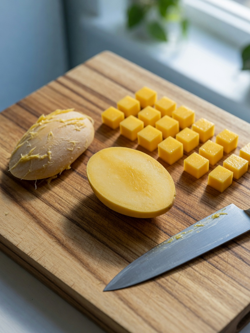 Properly prepared mango pieces and stone on a cutting board, showing correct preparation method