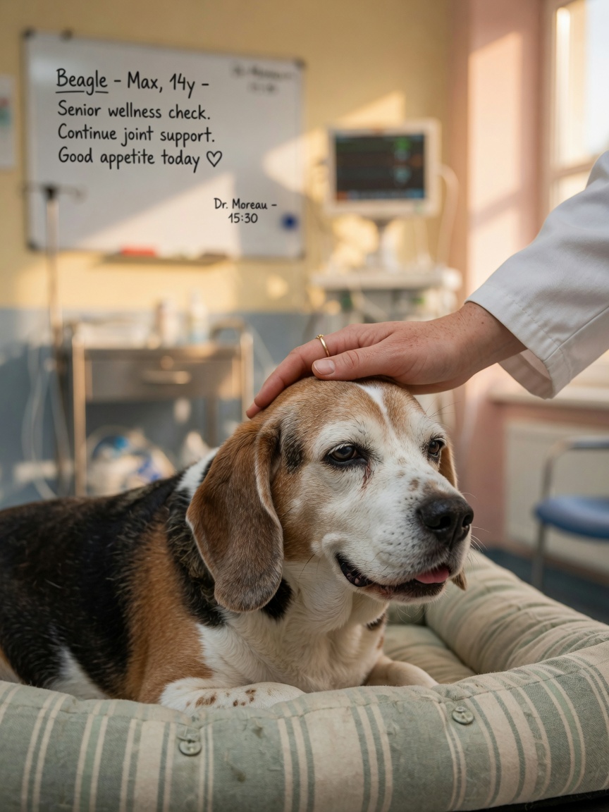 Senior dog during a veterinary consultation to discuss dietary restrictions and health management