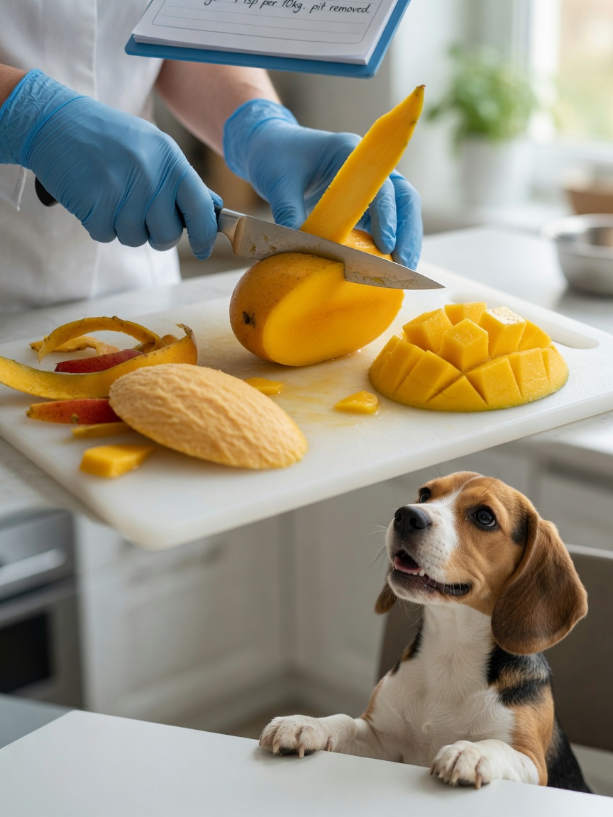 Hands peeling mango skin over a cutting board with mango pit separated and fresh mango flesh cubed, while a beagle watches nearby