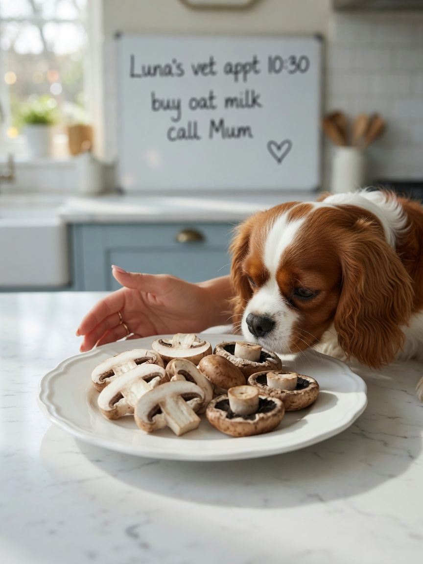 Plain store-bought mushrooms on a plate with a small spaniel sniffing safely under owner supervision