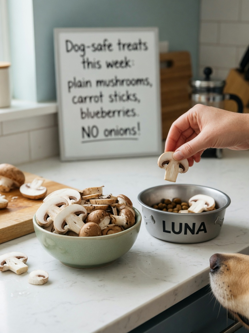 Plain shop-bought mushrooms being offered as a safe treat in a dog's food bowl