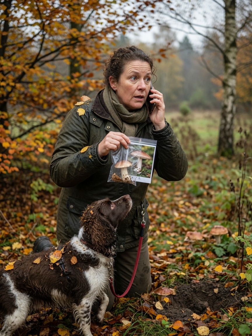 Dog owner calling emergency vet support while holding a mushroom sample after their dog's potential ingestion