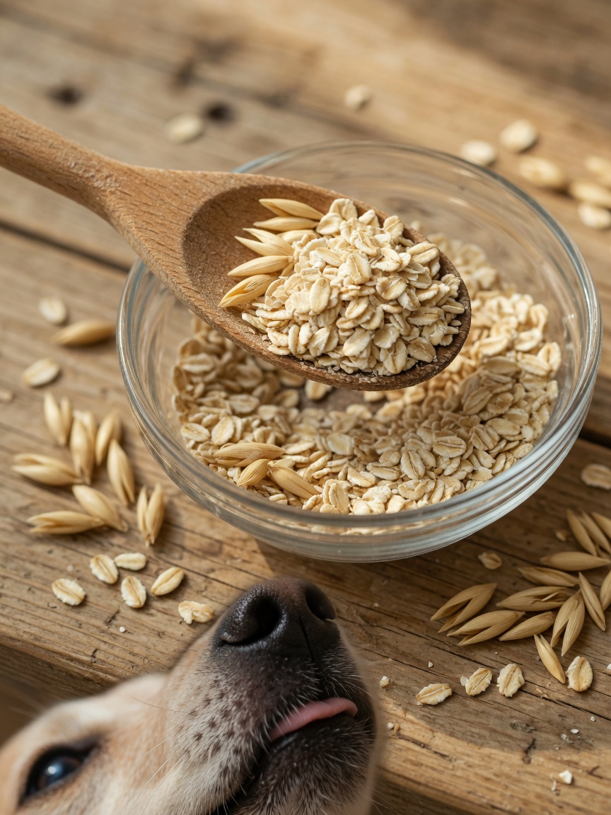 Wooden spoon with rolled oats above a glass bowl with scattered grains and a dog's nose at frame edge