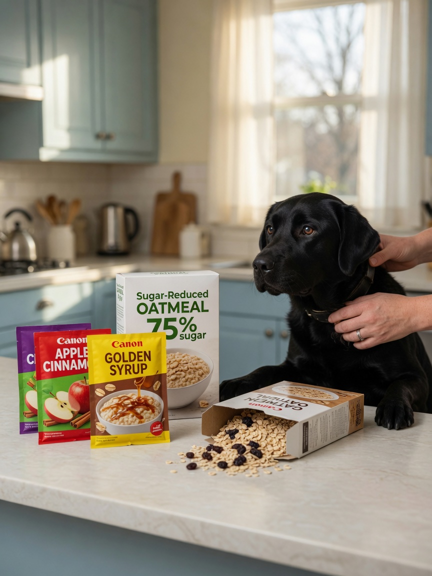 Black Labrador watching various commercial oatmeal products on kitchen counter while owner holds dog back safely