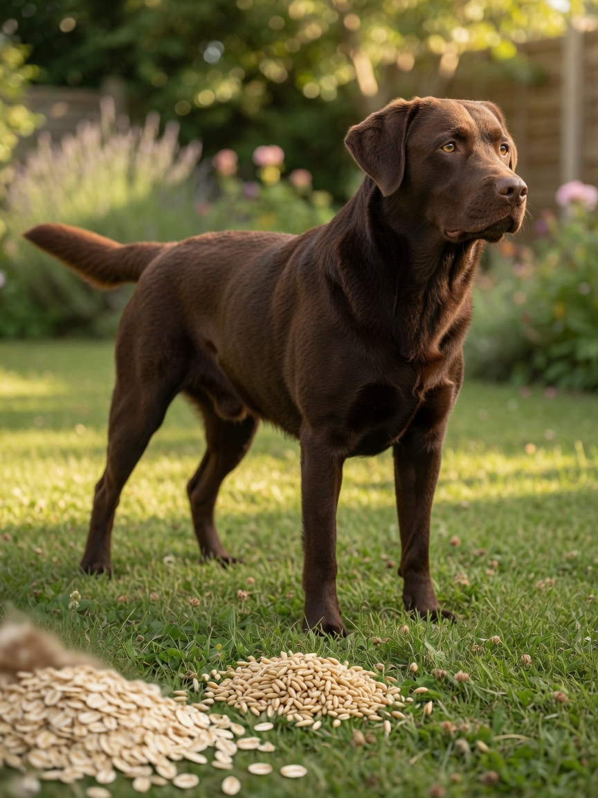 Healthy chocolate Labrador Retriever on grass with scattered raw oats in soft focus foreground