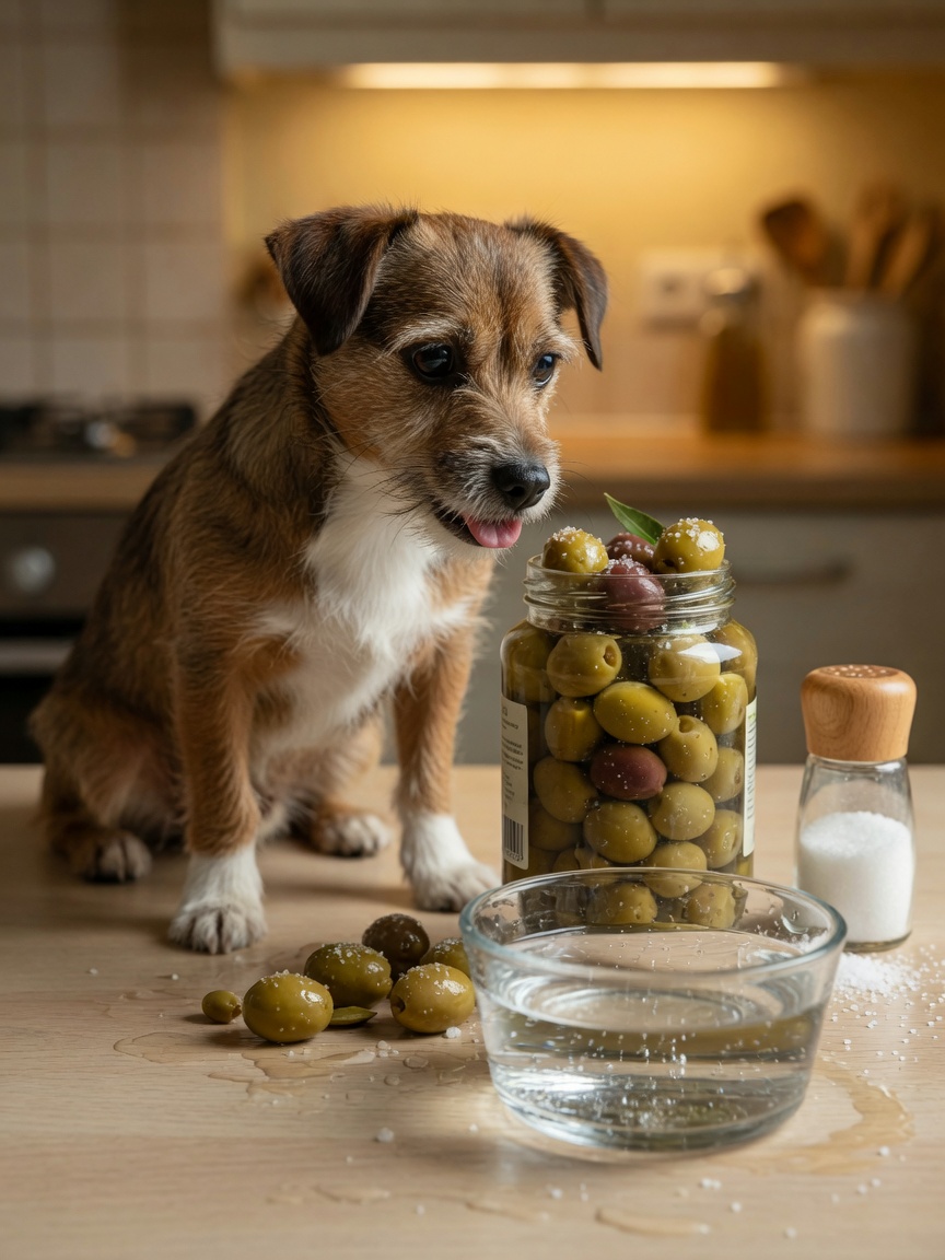 A small dog beside an open jar of brined olives with a water bowl, showing the sodium concern