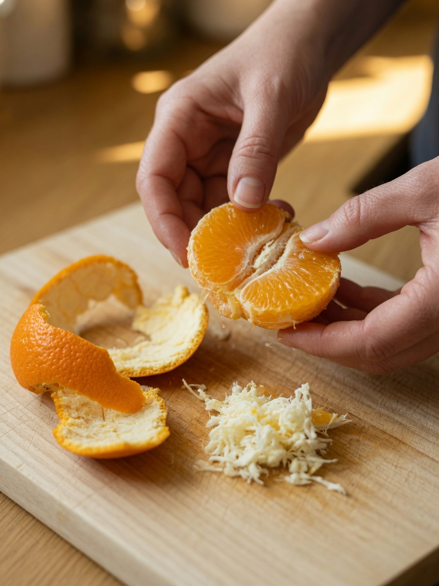 Hands carefully separating orange flesh from peel and pith during proper dog-safe food preparation