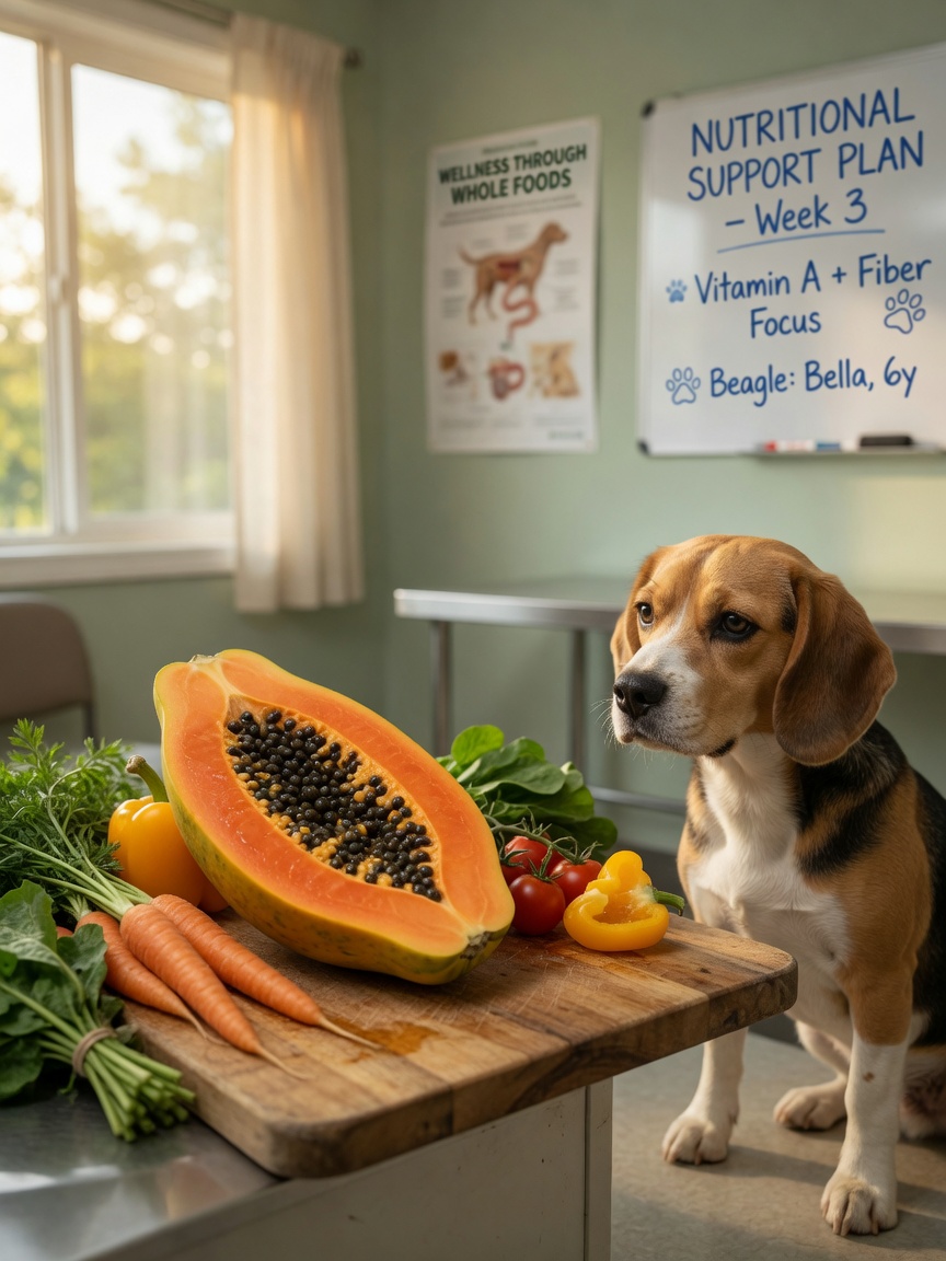 A ripe papaya with orange flesh and visible black seeds arranged on a cutting board alongside fresh vegetables, with a small beagle observing nearby in a clinical setting.