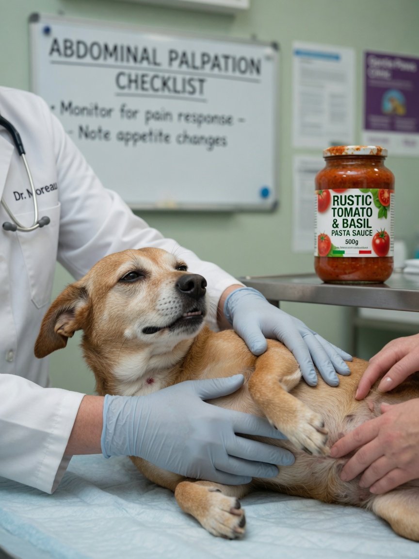 Veterinarian examining a sick dog on an examination table with a jar of pasta sauce visible nearby