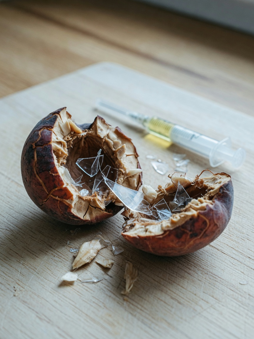 Close-up of a cracked peach pit showing dangerous sharp interior fragments