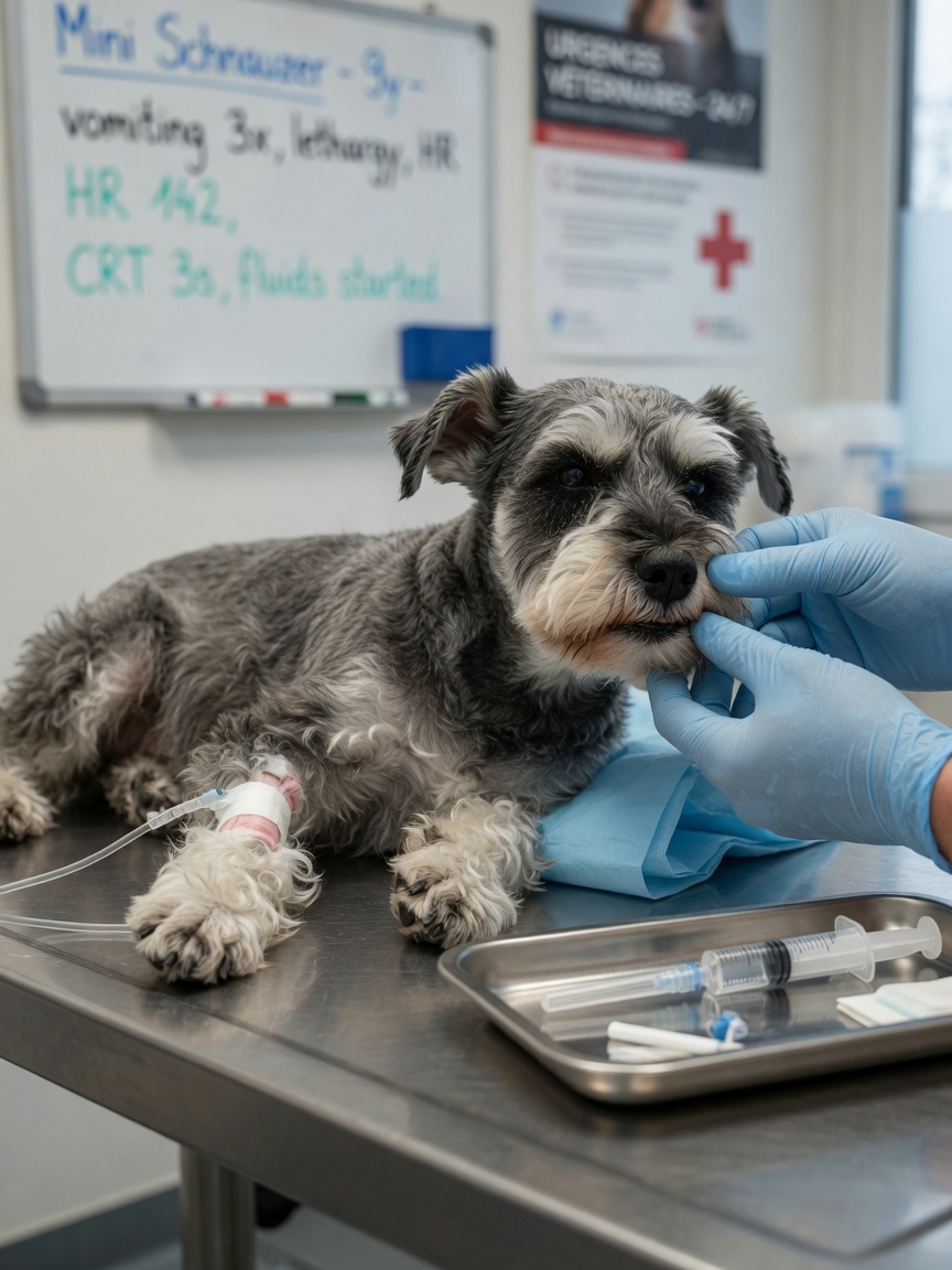 Miniature Schnauzer receiving emergency veterinary care with IV line on examination table
