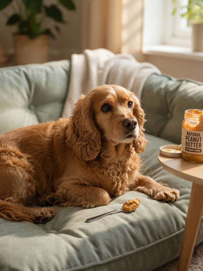 Cocker Spaniel on bed with measured teaspoon of peanut butter showing appropriate portion size