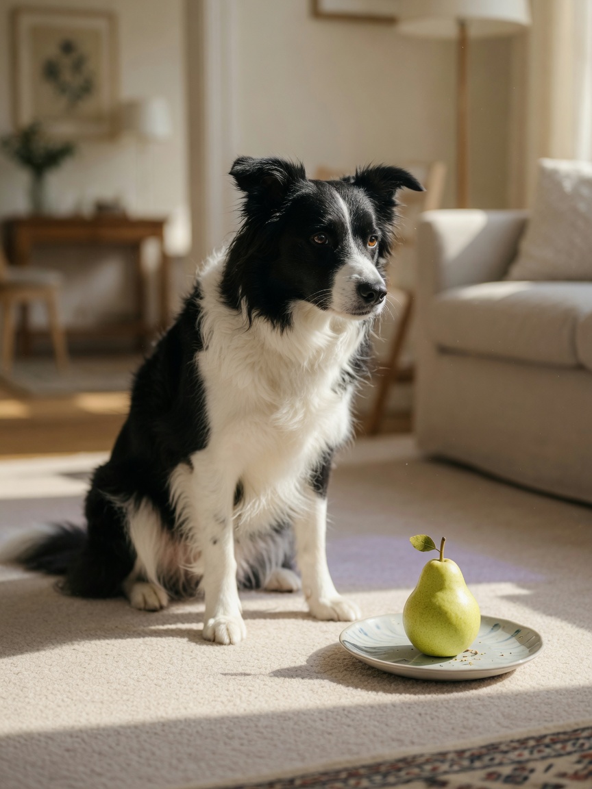 Border collie sitting calmly beside a fresh pear on a plate in warm natural home lighting
