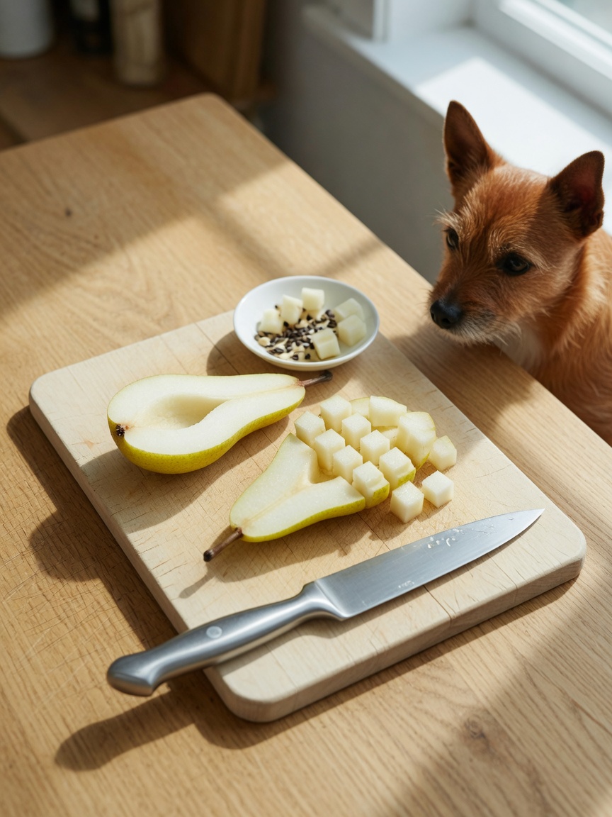 Overhead view of properly prepared pear pieces with removed core and seeds on a cutting board, watched by a small red terrier