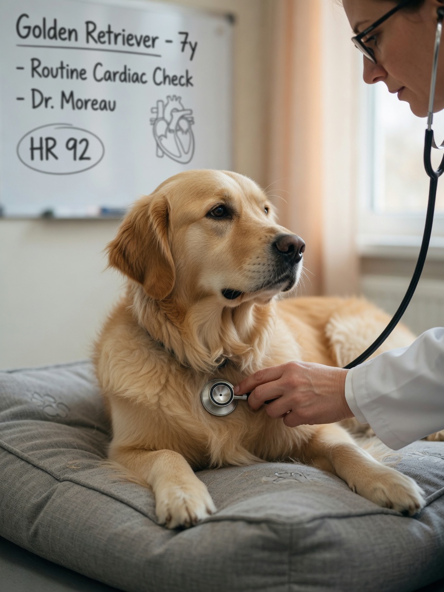 Een dierenarts voert een hartonderzoek uit op een Golden Retriever om te controleren op dilatatie cardiomyopathie tijdens een hartgezondheidscontrole.
