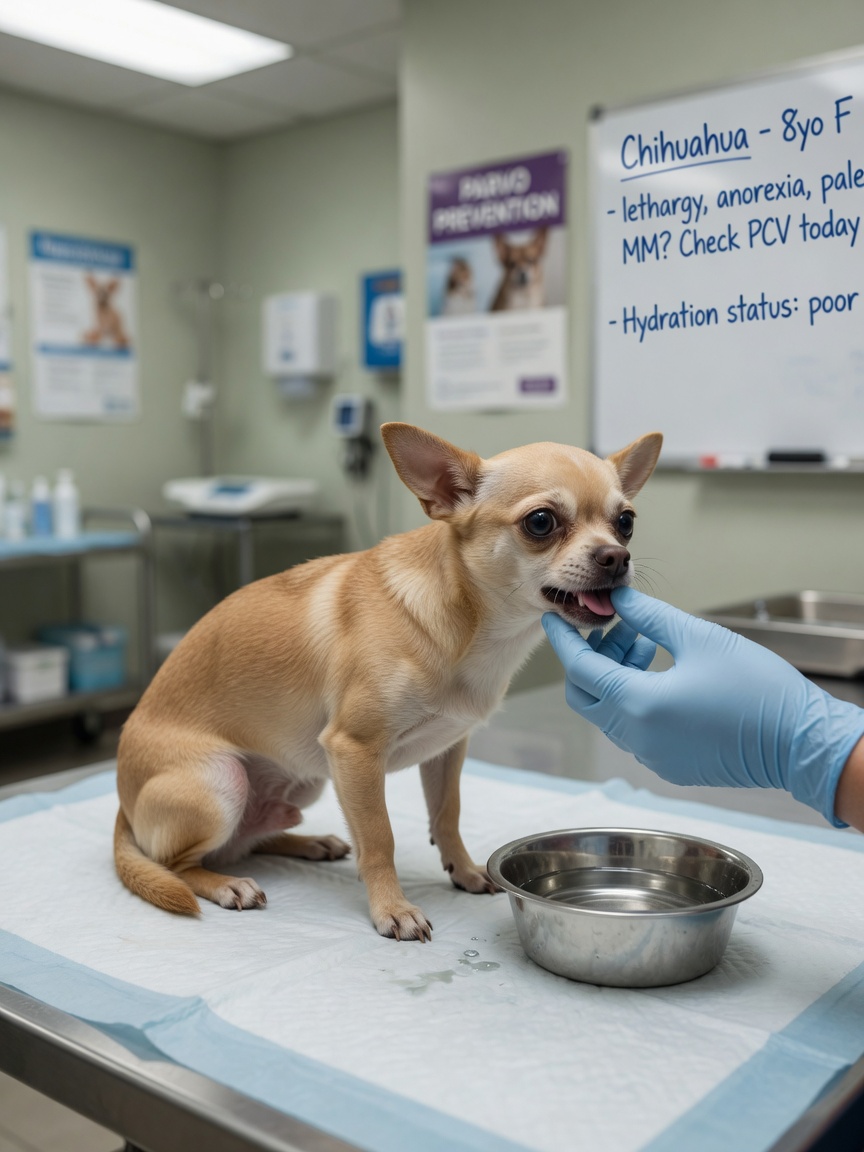 Small Chihuahua at veterinary examination appearing restless with vet checking its gums