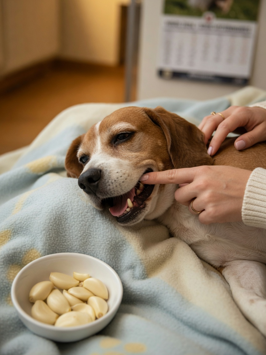 Lethargic beagle with pale gums on examination, showing symptoms of garlic toxicity with concerned owner nearby