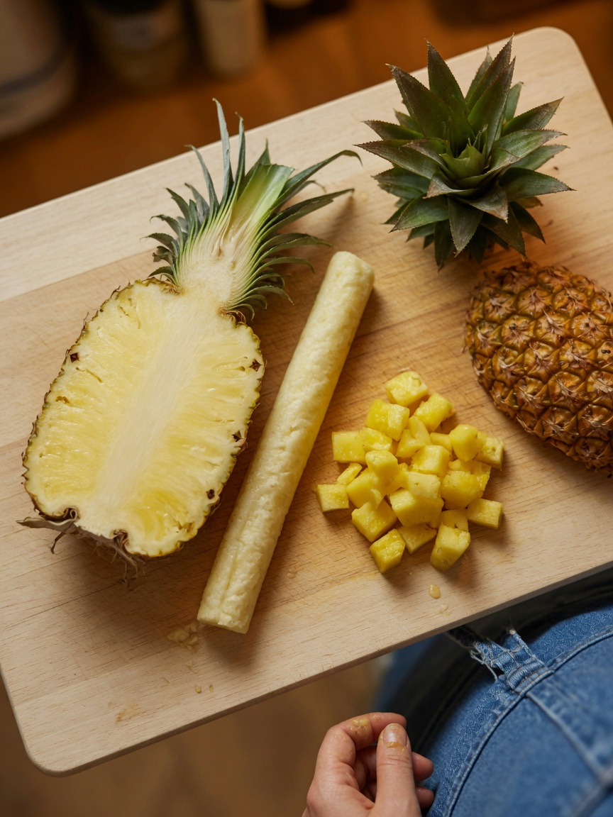 Pineapple halved and dissected on a cutting board showing safe flesh, hard core, and skin separated for preparation