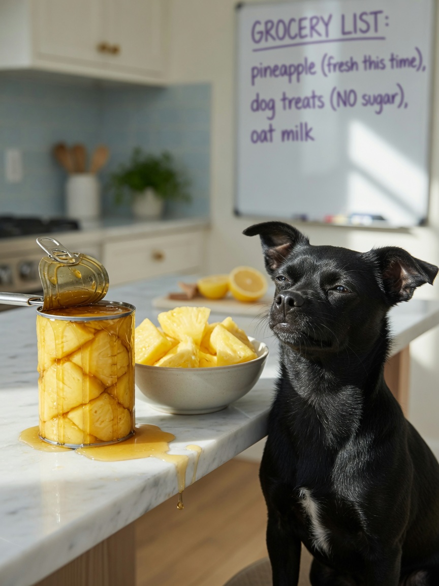 Small black dog beside an open can of pineapple in syrup contrasted with a bowl of fresh pineapple chunks on kitchen counter
