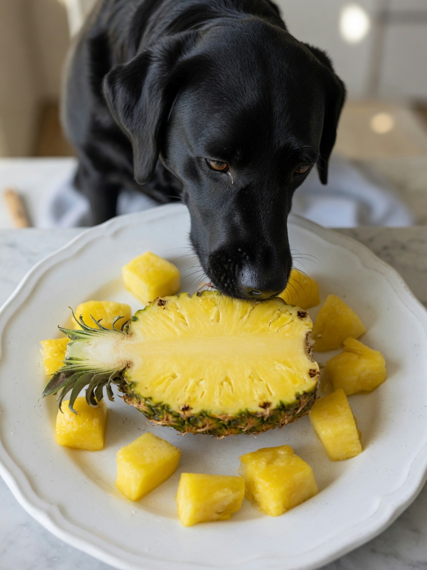 Un Labrador nero che annusa pezzi di ananas fresco disposti su un piatto