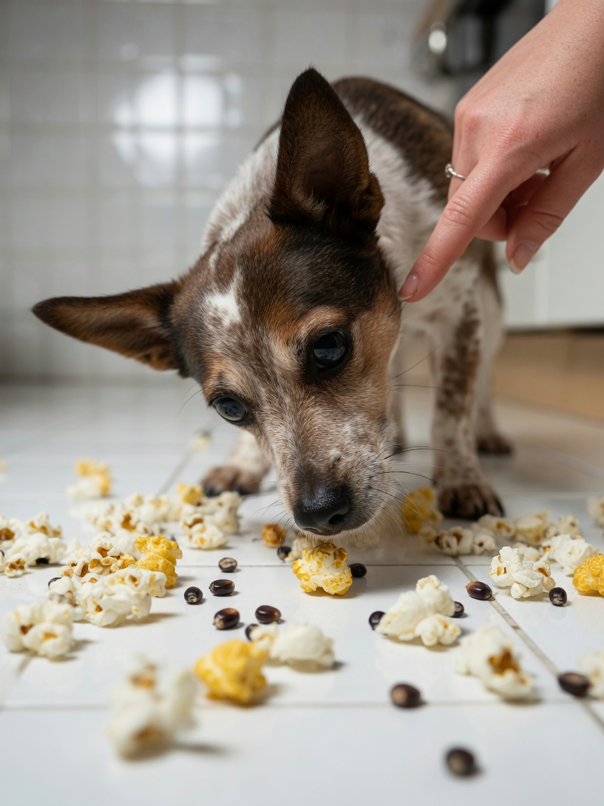 Close-up of a small dog examining scattered popcorn kernels including unpopped and partially popped pieces on a kitchen floor