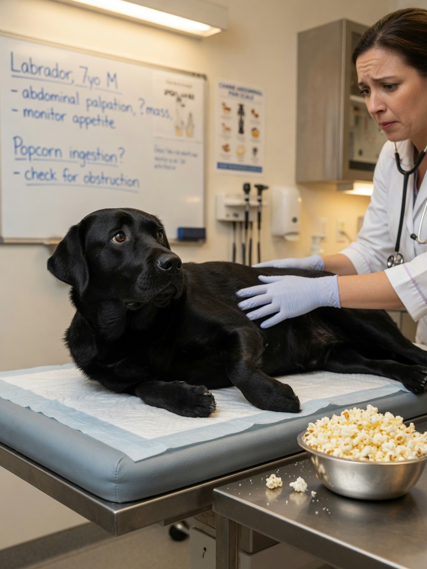 Labrador Retriever on veterinary examination table with vet examining abdomen, concerned about high-fat food risks