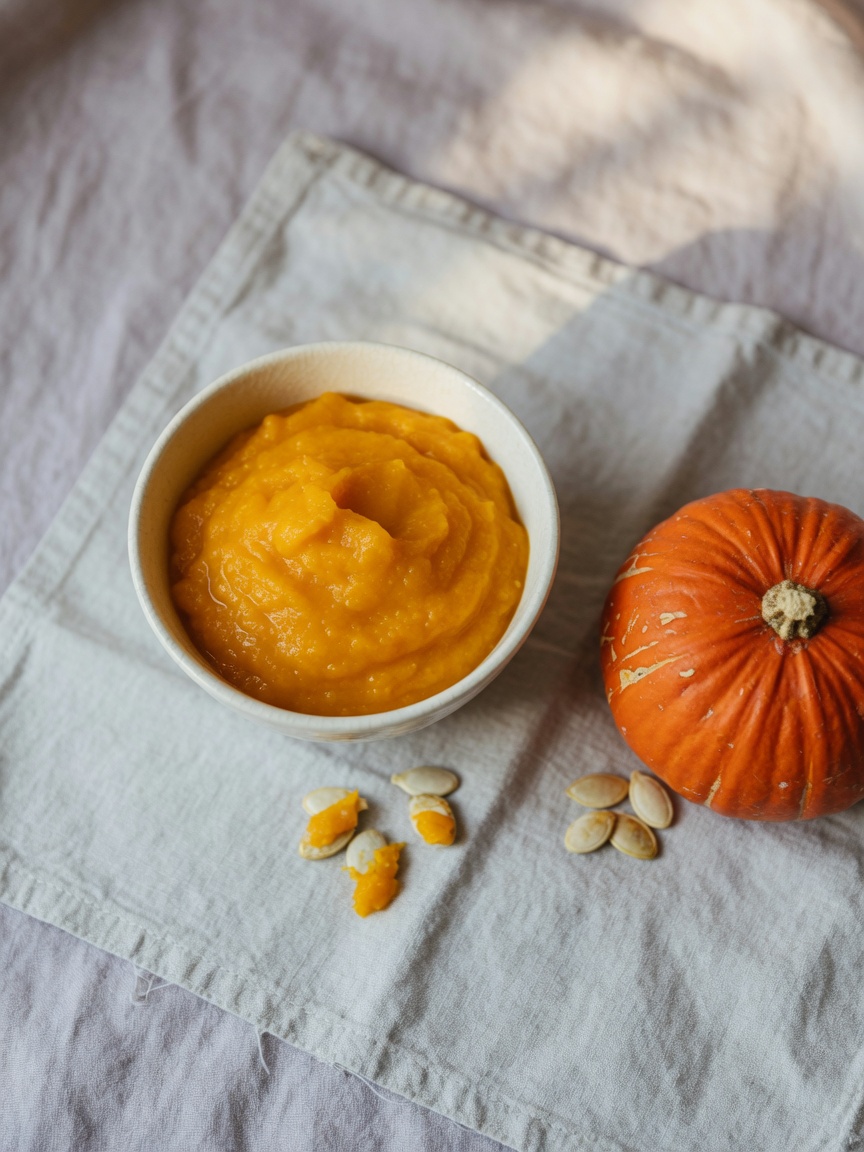Primo piano di purè di zucca in scatola di colore arancione brillante in una ciotola di ceramica con zucca intera e semi su una tovaglia di lino