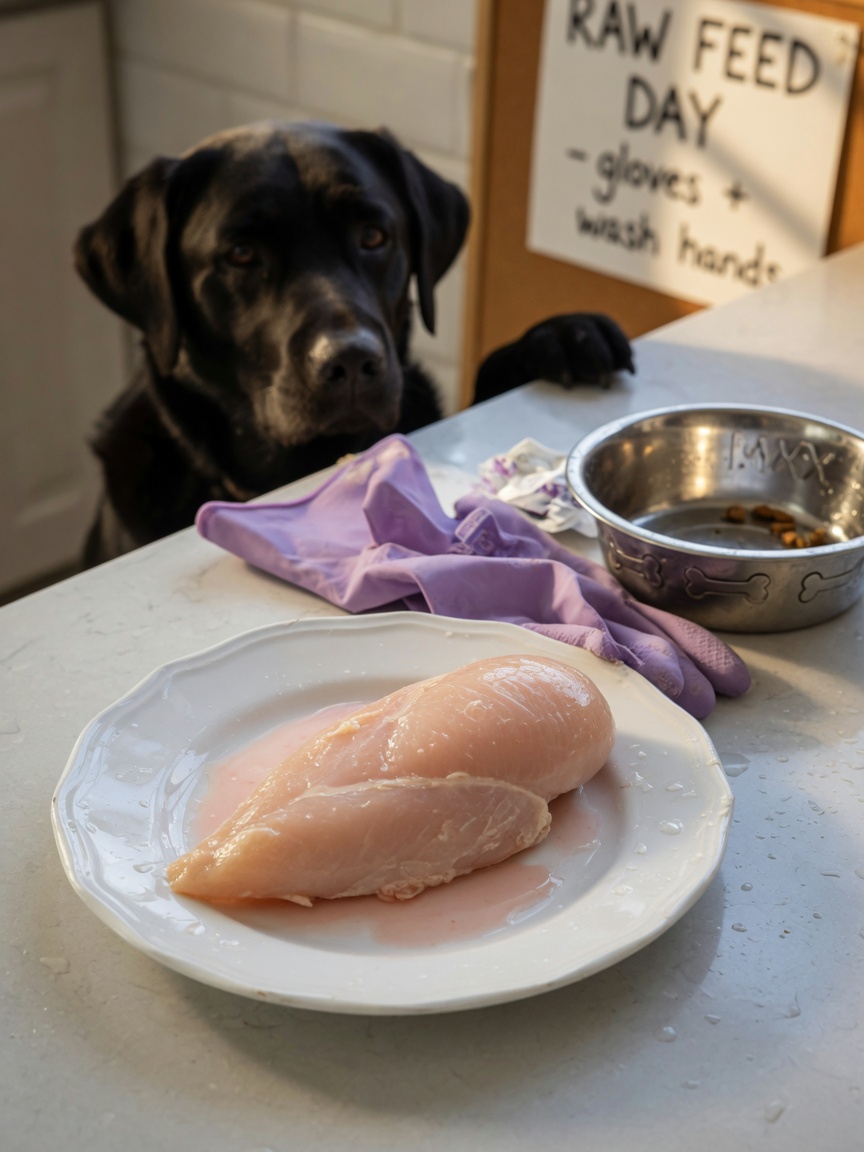 Raw chicken on a plate with rubber gloves and a Labrador retriever waiting in the background