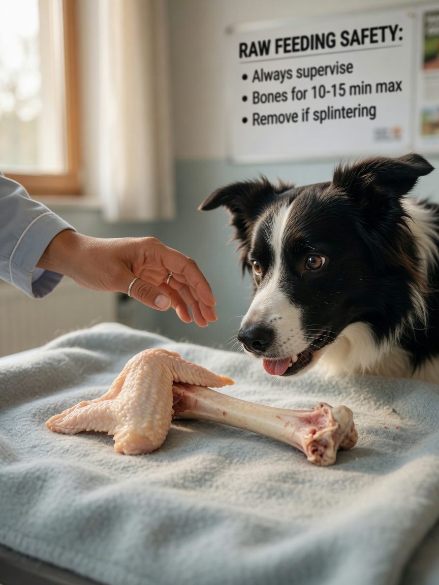A border collie chewing on a raw chicken bone under veterinary supervision in natural light