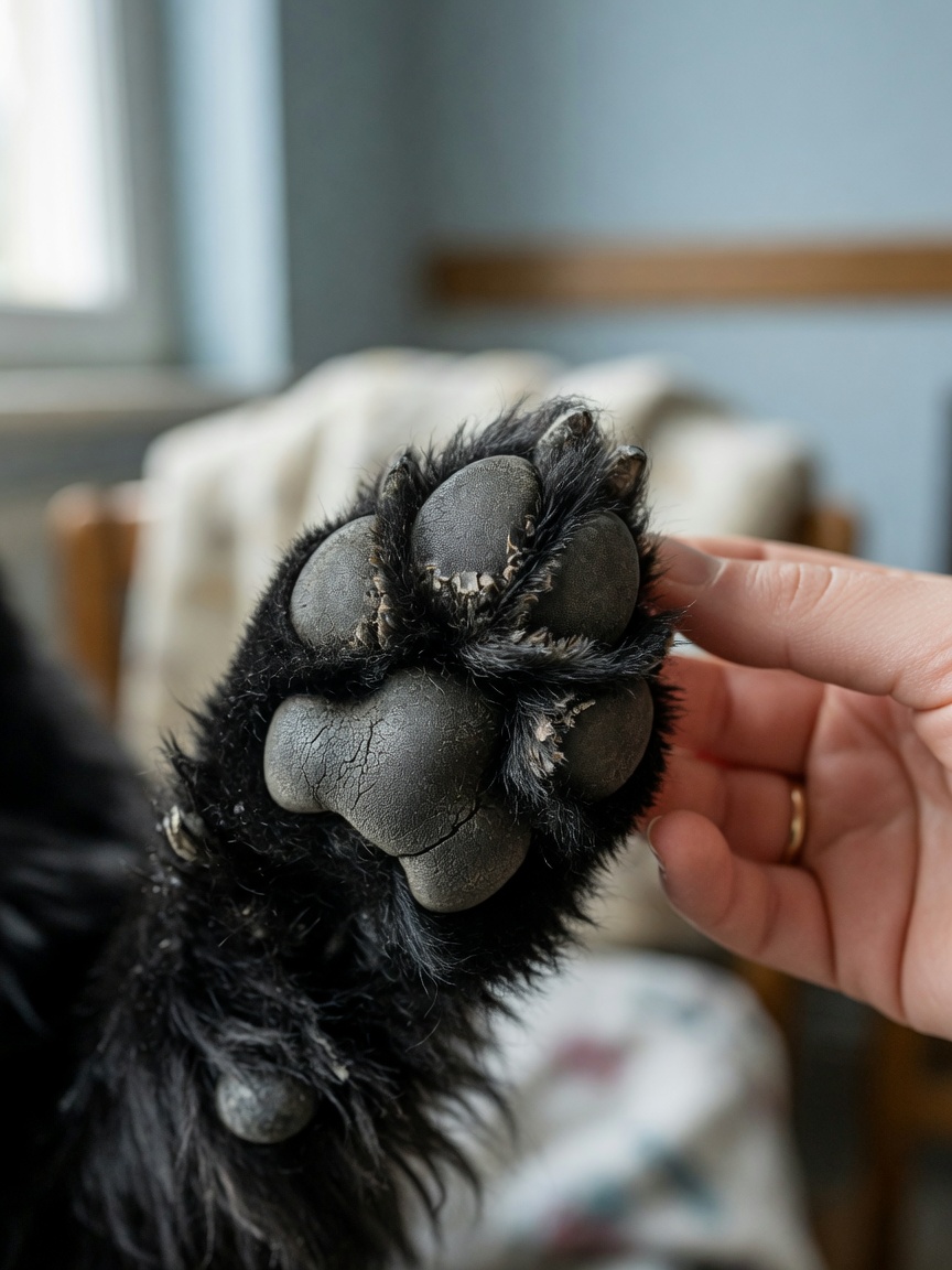 Close-up of dog's cracked paw pad showing biotin deficiency symptoms with owner examining the affected area