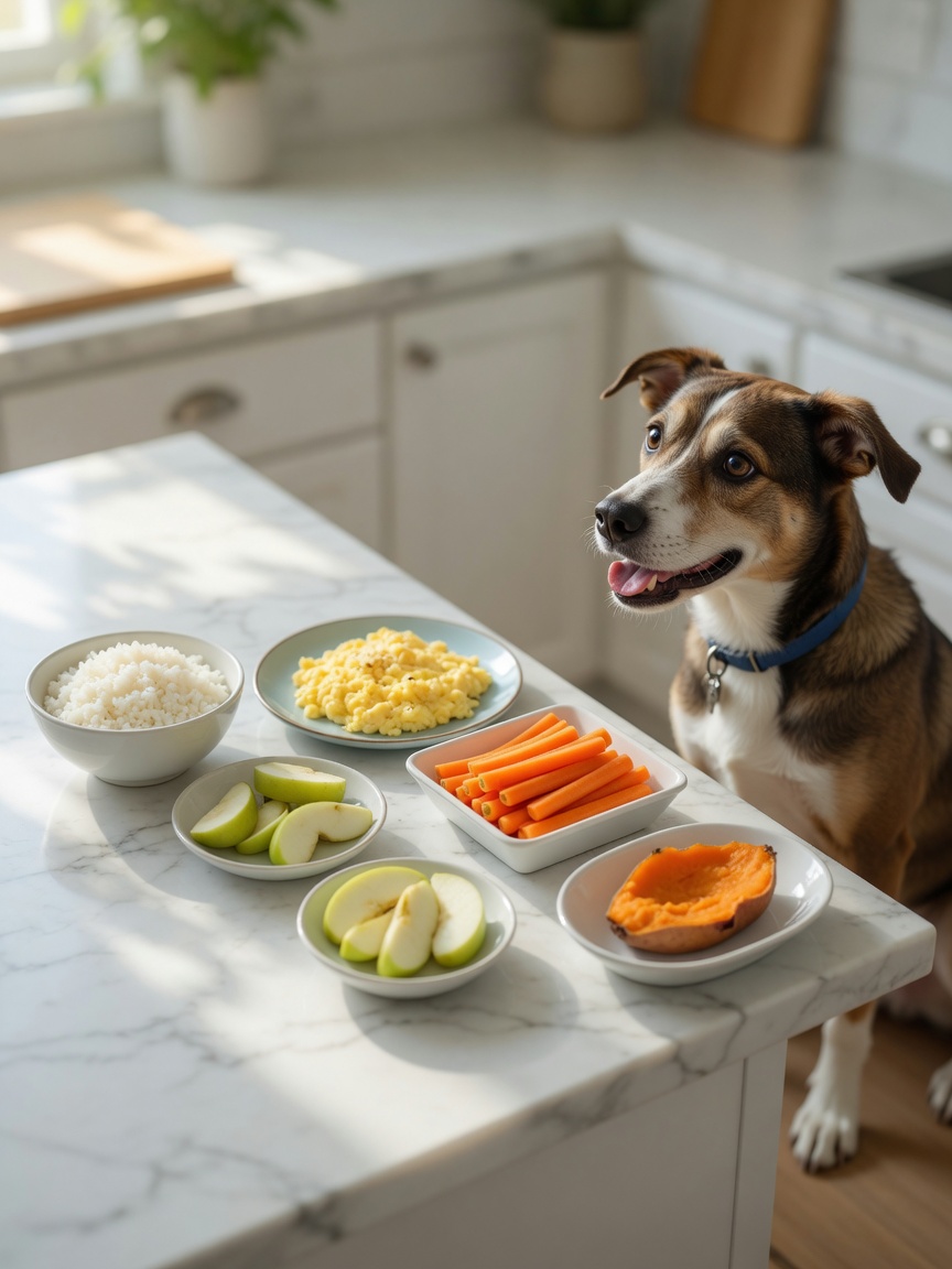 Arrangement of healthy dog food alternatives including rice, egg, carrot, apple, and sweet potato with attentive dog seated nearby